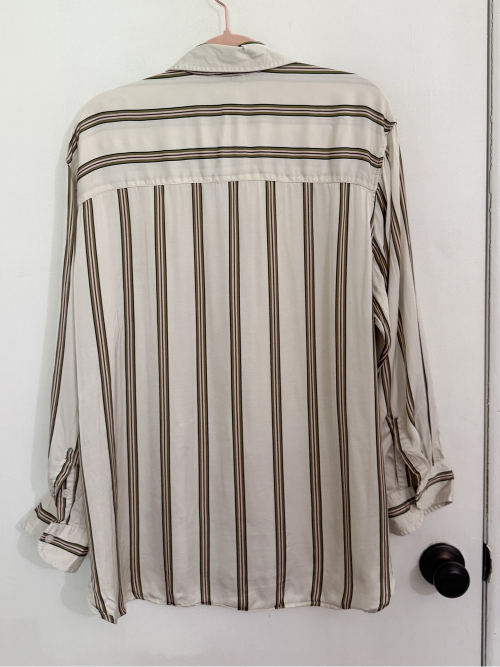 aerie Cream & Olive Striped Long Sleeve Satin PJ-To-Party Button Shirt sz Large - Picture 7 of 10